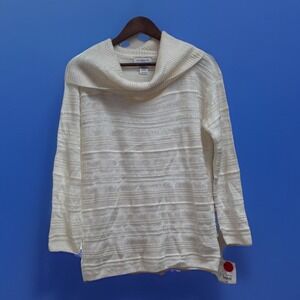 Liz Claiborne Women's Sz M Petite Ivory Cowl Neck Knit Sweater Textured Pullover